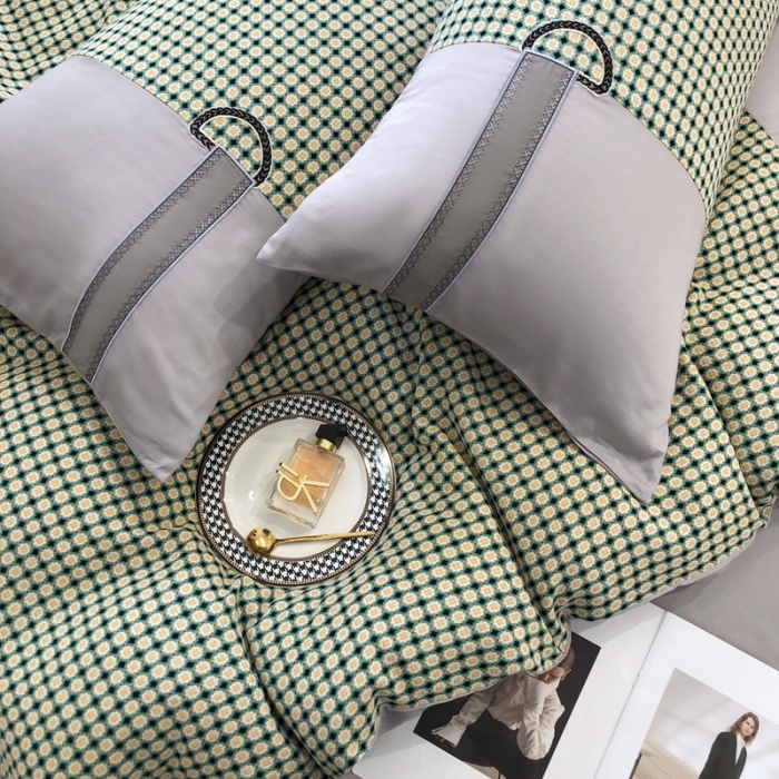 91家纺网 家纺一手货源 找家纺 品家居 2025新款全棉提花双层纱四件套-奈薇系列-灰绿