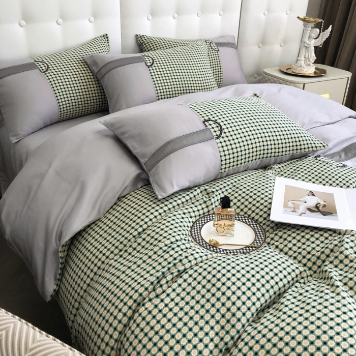 91家纺网 家纺一手货源 找家纺 品家居 2025新款全棉提花双层纱四件套-奈薇系列-灰绿