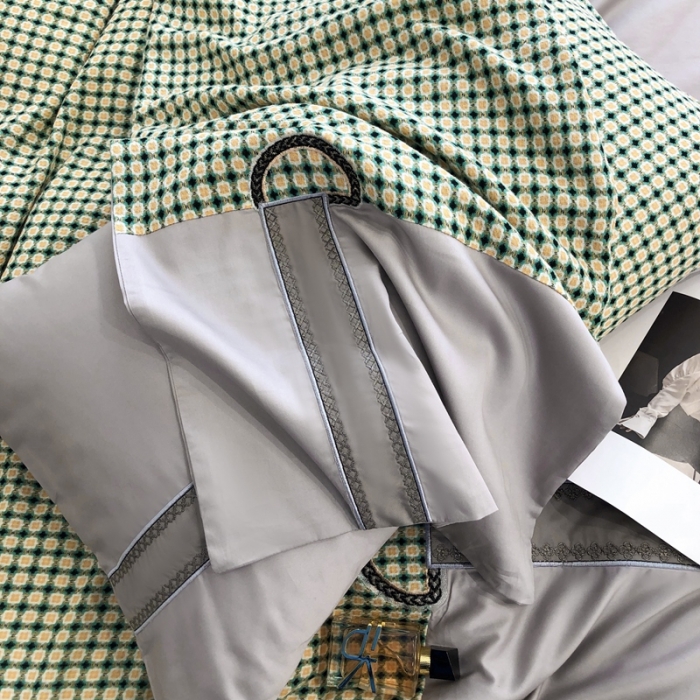 91家纺网 家纺一手货源 找家纺 品家居 2025新款全棉提花双层纱四件套-奈薇系列-灰绿