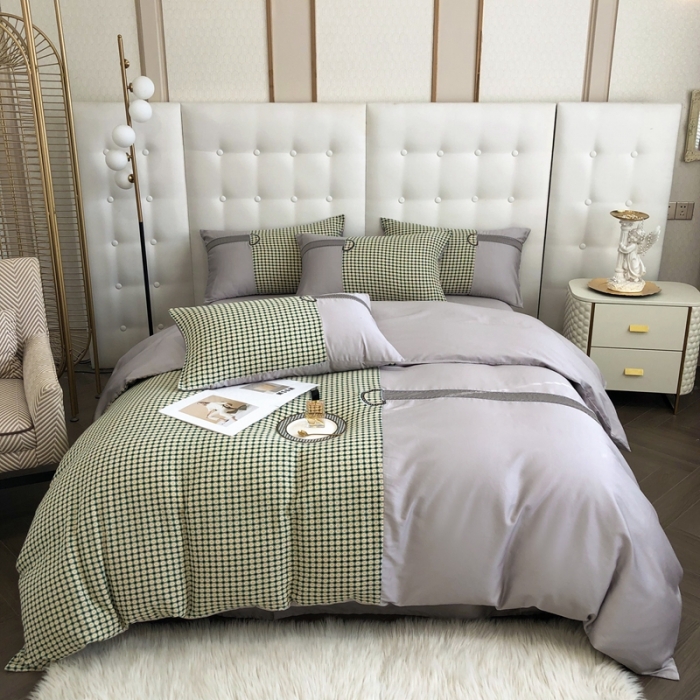 91家纺网 家纺一手货源 找家纺 品家居 2025新款全棉提花双层纱四件套-奈薇系列-灰绿