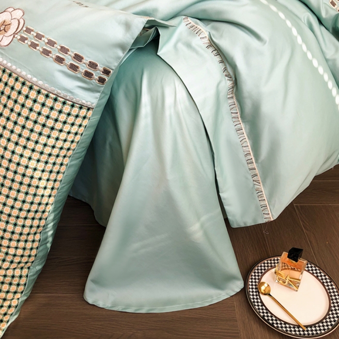 91家纺网 家纺一手货源 找家纺 品家居 2025新款A版提花双层纱全棉四件套 可可恋人-绿