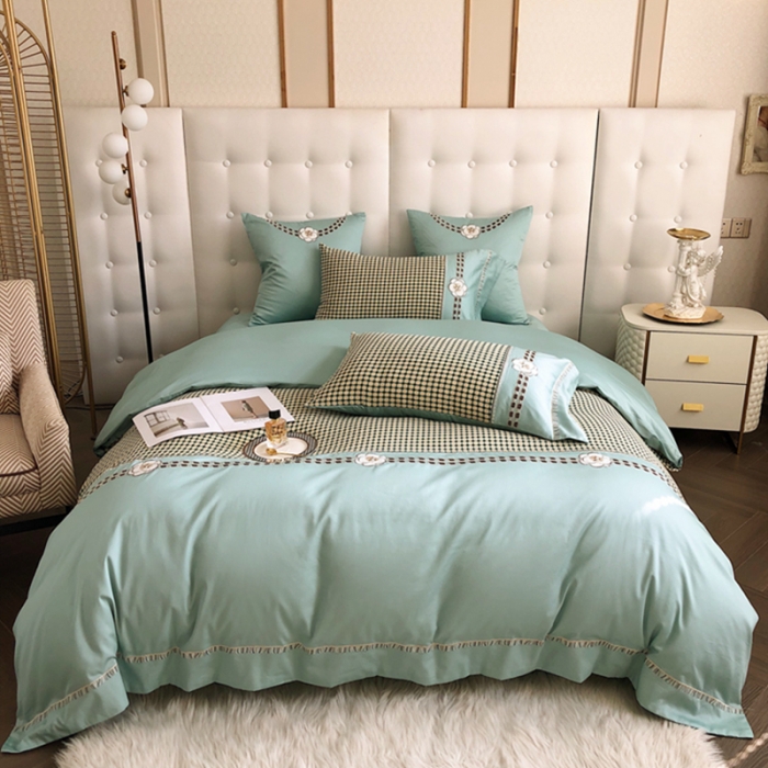 91家纺网 家纺一手货源 找家纺 品家居 2025新款A版提花双层纱全棉四件套 可可恋人-绿