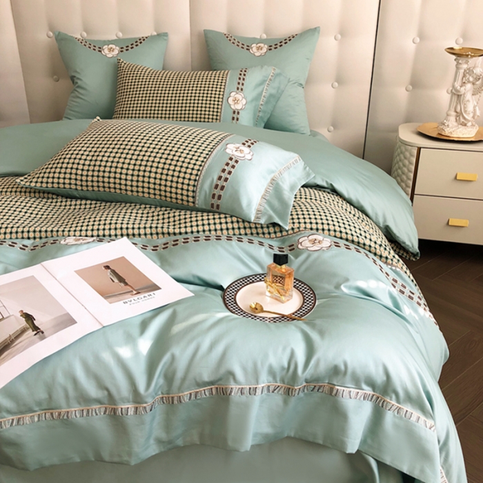 91家纺网 家纺一手货源 找家纺 品家居 2025新款A版提花双层纱全棉四件套 可可恋人-绿