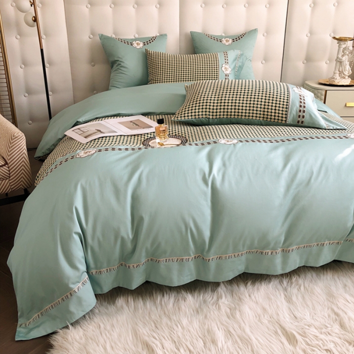 91家纺网 家纺一手货源 找家纺 品家居 2025新款A版提花双层纱全棉四件套 可可恋人-绿