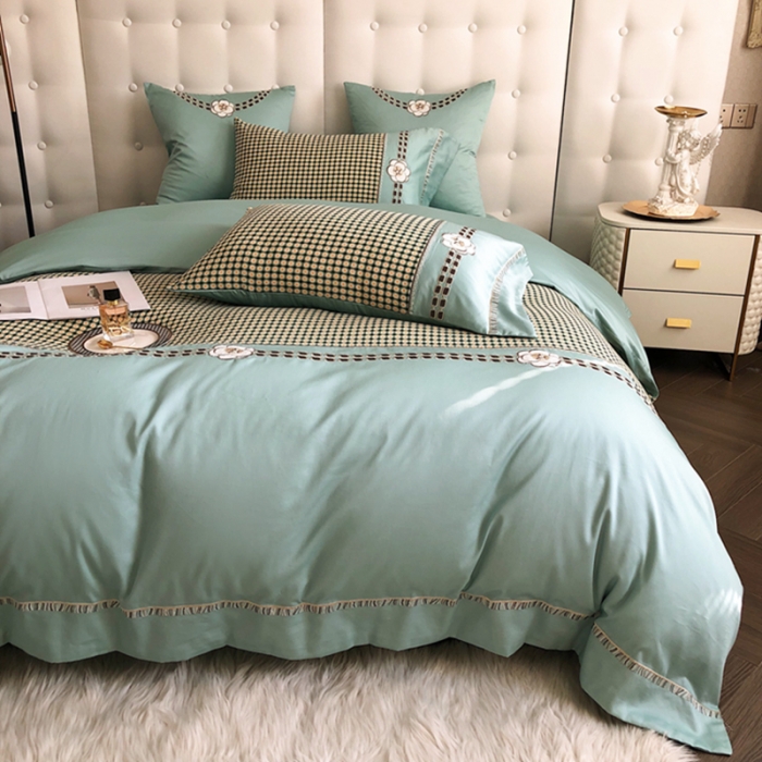 91家纺网 家纺一手货源 找家纺 品家居 2025新款A版提花双层纱全棉四件套 可可恋人-绿