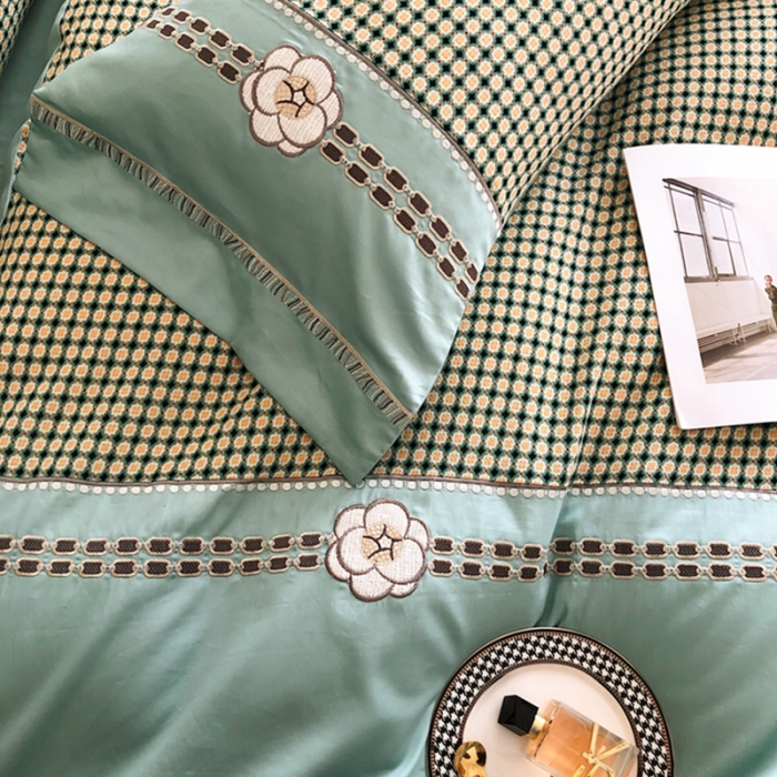 91家纺网 家纺一手货源 找家纺 品家居 2025新款A版提花双层纱全棉四件套 可可恋人-绿