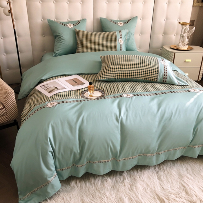 91家纺网 家纺一手货源 找家纺 品家居 2025新款A版提花双层纱全棉四件套 可可恋人-绿