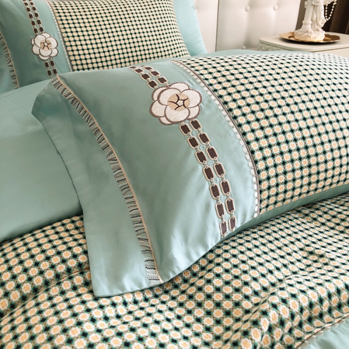 91家纺网 家纺一手货源 找家纺 品家居 2025新款A版提花双层纱全棉四件套 可可恋人-绿