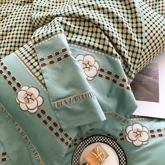 91家纺网 家纺一手货源 找家纺 品家居 2025新款A版提花双层纱全棉四件套 可可恋人-绿