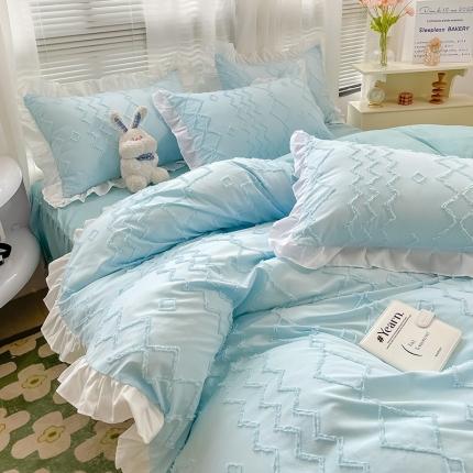 91家纺网 家纺一手货源 找家纺 木易家居 2022爆款韩版剪花ins风工艺床单床裙四件套兰色