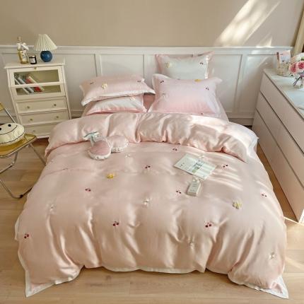 91家纺网 家纺一手货源 找家纺 初拾 2022新款60支兰精天丝四件套—樱桃 少女粉