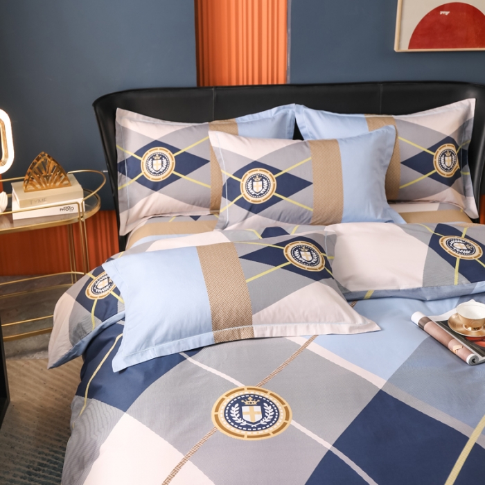 91家纺网 家纺一手货源 找家纺 雲归梦 2022新款全棉大版四件套 格子花型 格兰特-蓝