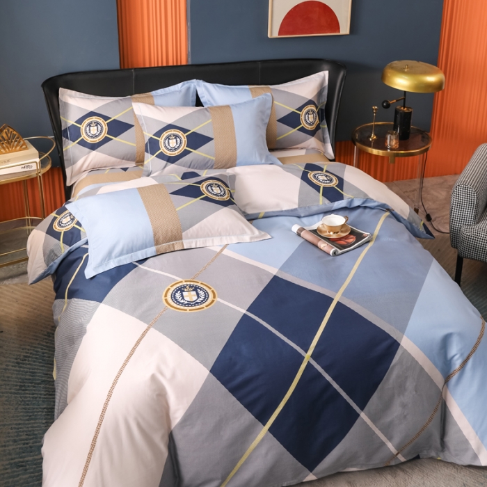 91家纺网 家纺一手货源 找家纺 雲归梦 2022新款全棉大版四件套 格子花型 格兰特-蓝