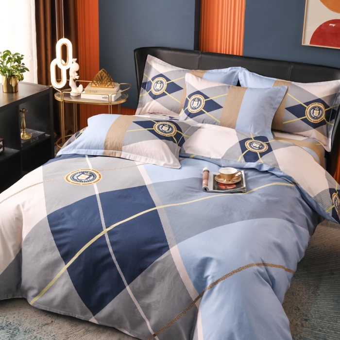 91家纺网 家纺一手货源 找家纺 雲归梦 2022新款全棉大版四件套 格子花型 格兰特-蓝
