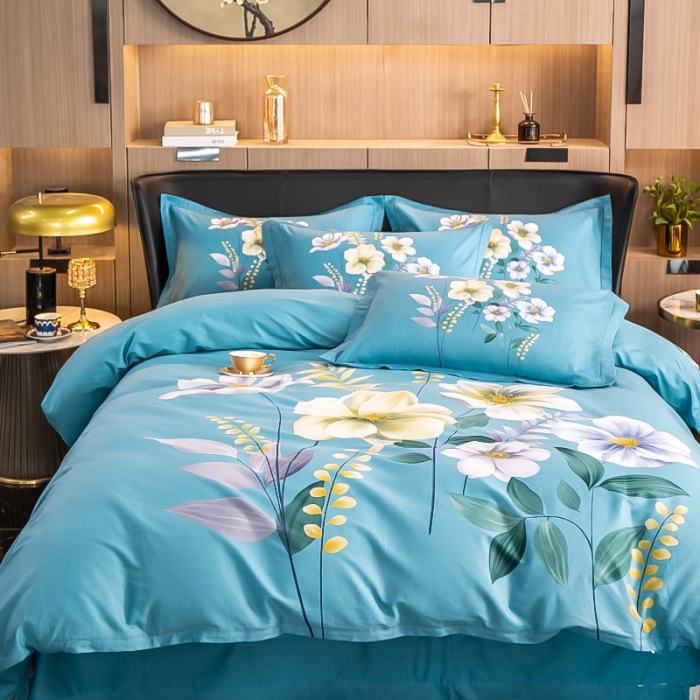 91家纺网 家纺一手货源 找家纺 雲归梦 2022新款全棉大版四件套 花卉花型 花语情缘-蓝