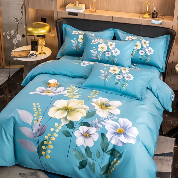 91家纺网 家纺一手货源 找家纺 雲归梦 2022新款全棉大版四件套 花卉花型 花语情缘-蓝