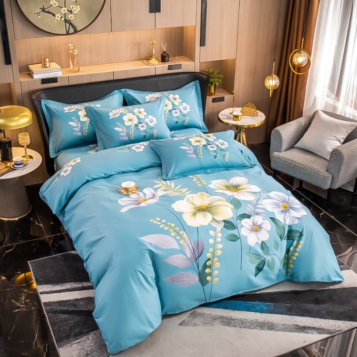 91家纺网 家纺一手货源 找家纺 雲归梦 2022新款全棉大版四件套 花卉花型 花语情缘-蓝