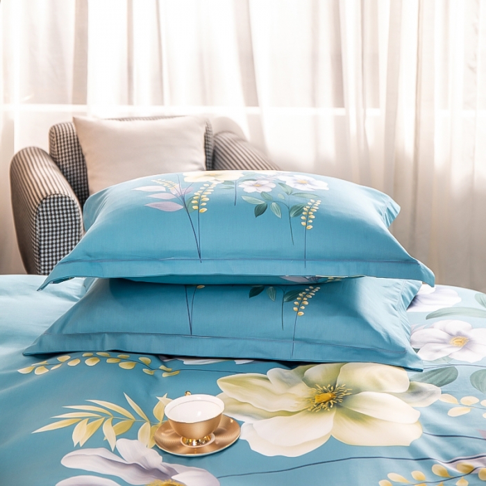 91家纺网 家纺一手货源 找家纺 雲归梦 2022新款全棉大版四件套 花卉花型 花语情缘-蓝