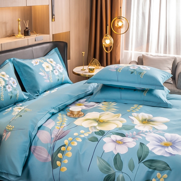 91家纺网 家纺一手货源 找家纺 雲归梦 2022新款全棉大版四件套 花卉花型 花语情缘-蓝