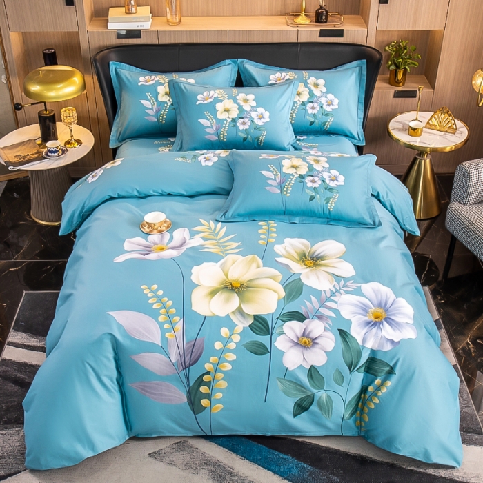 91家纺网 家纺一手货源 找家纺 雲归梦 2022新款全棉大版四件套 花卉花型 花语情缘-蓝