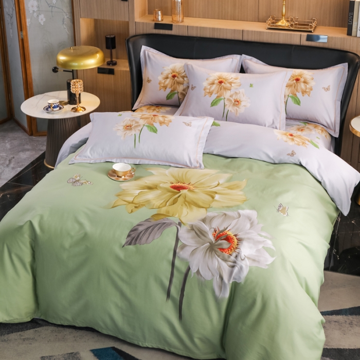 91家纺网 家纺一手货源 找家纺 雲归梦 2022新款全棉大版四件套 花卉花型 恋恋花开-绿