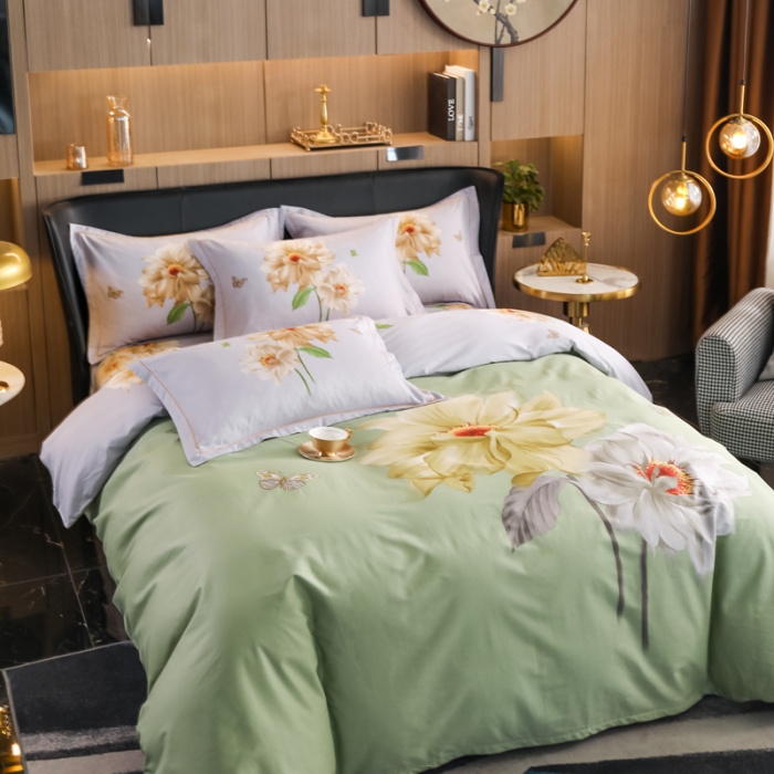 91家纺网 家纺一手货源 找家纺 雲归梦 2022新款全棉大版四件套 花卉花型 恋恋花开-绿