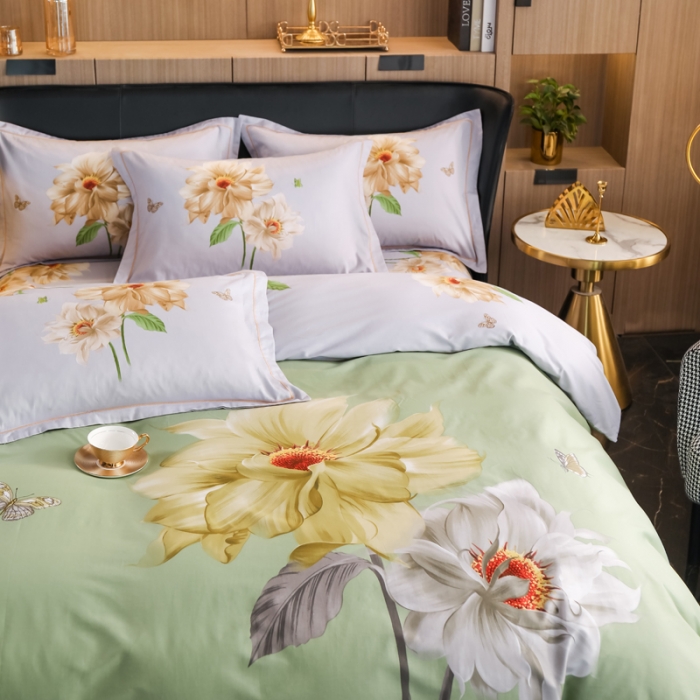 91家纺网 家纺一手货源 找家纺 雲归梦 2022新款全棉大版四件套 花卉花型 恋恋花开-绿