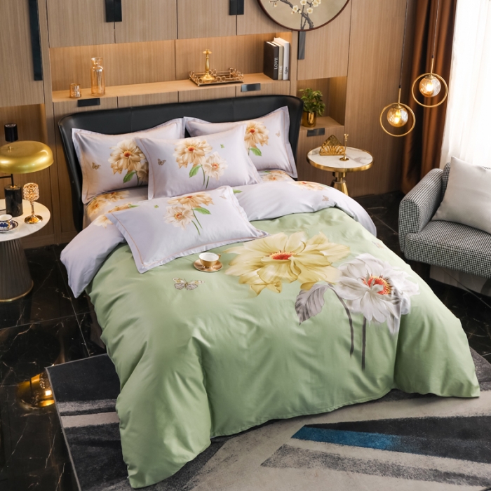 91家纺网 家纺一手货源 找家纺 雲归梦 2022新款全棉大版四件套 花卉花型 恋恋花开-绿