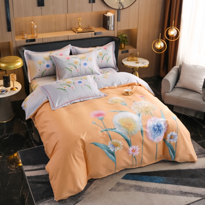 91家纺网 家纺一手货源 找家纺 雲归梦 2022新款全棉大版四件套 花卉花型 甜夏-黄