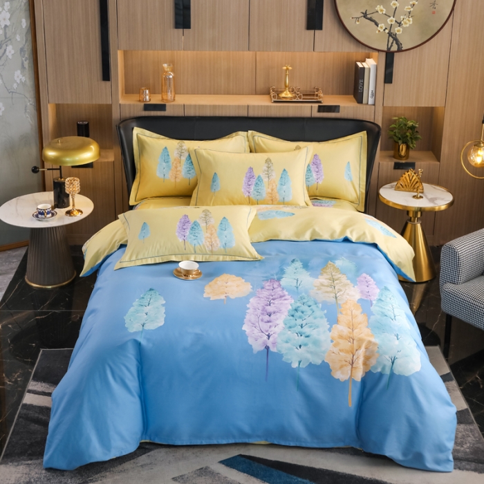 91家纺网 家纺一手货源 找家纺 雲归梦 2022新款全棉大版四件套 花卉花型 夏木之梦-蓝