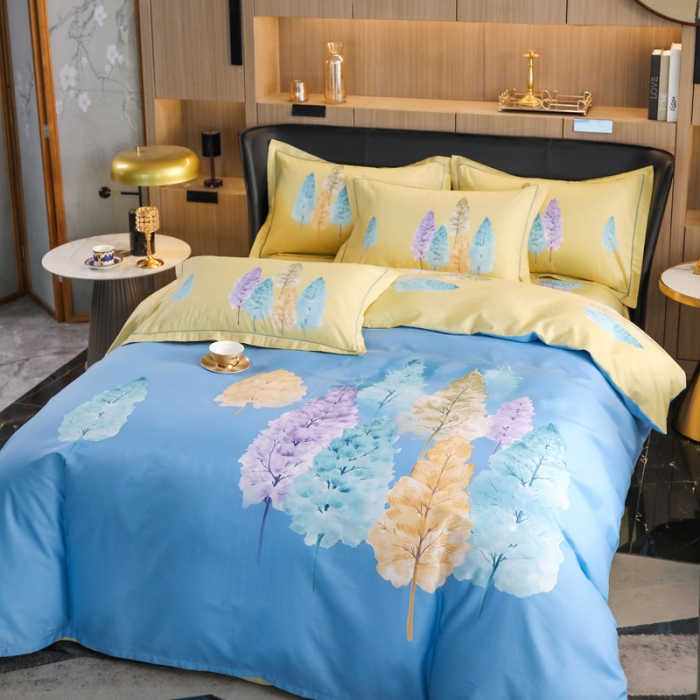 91家纺网 家纺一手货源 找家纺 雲归梦 2022新款全棉大版四件套 花卉花型 夏木之梦-蓝