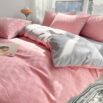 91家纺网 家纺一手货源 找家纺 (总) 蓝米卡夫 2024新款A类60S华夫格拼色系列四件套