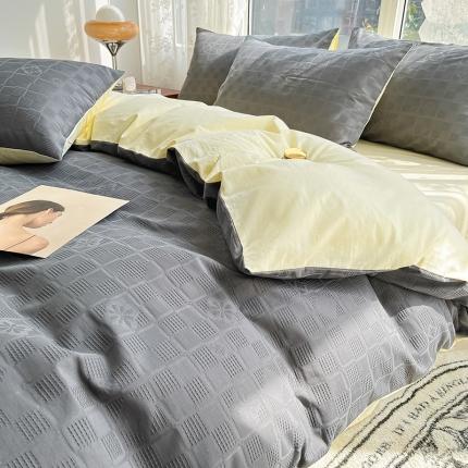 91家纺网 家纺一手货源 找家纺 蓝米卡夫 A类60S华夫格拼色款全棉系列四件套 米夫格-绅士灰+奶油黄