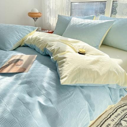 91家纺网 家纺一手货源 找家纺 蓝米卡夫 A类60S华夫格拼色款全棉系列四件套 米夫格-天蓝+奶油黄