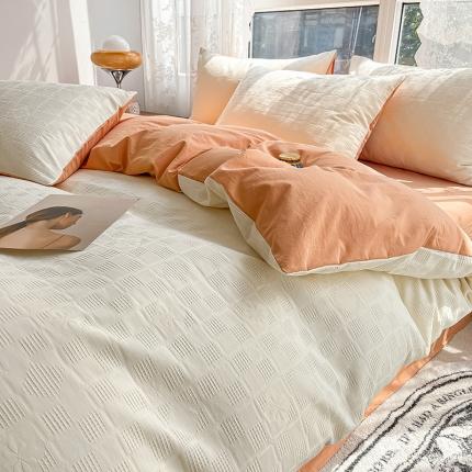 蓝米卡夫A类60S华夫格拼色款全棉系列四件套 米夫格-奶昔白+南瓜桔