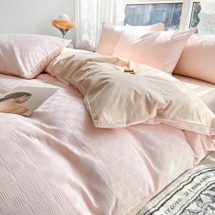 蓝米卡夫 A类60S华夫格拼色款全棉系列四件套 米夫格-浅粉+卡其