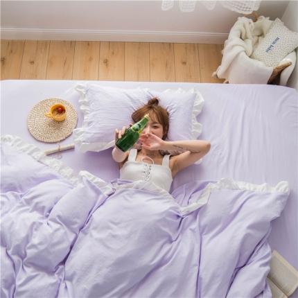 91家纺网 家纺一手货源 找家纺 轻奢坊 2023新款水洗棉日系褶皱短花边磨毛韩版四件套淡小紫