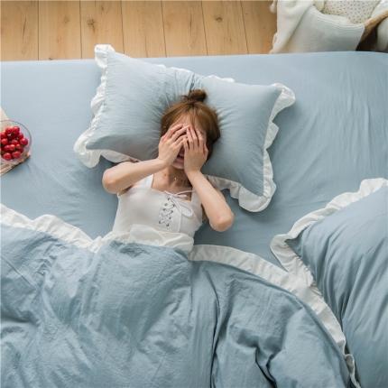 91家纺网 家纺一手货源 找家纺 轻奢坊 2023新款水洗棉日系褶皱短花边磨毛韩版四件套清小蓝