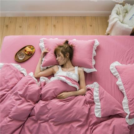 91家纺网 家纺一手货源 找家纺 轻奢坊 2023新款水洗棉日系褶皱短花边磨毛韩版四件套胭小红