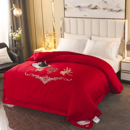 91家纺网 家纺一手货源 找家纺 （总）茧月 2022新款60支长绒棉纯蚕丝被大红婚庆喜被 桑蚕长丝填充