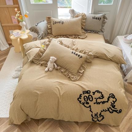 91家纺网 家纺一手货源 找家纺 婳庭 2023新款全棉色织水洗棉四件套黄小格