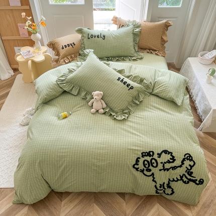 91家纺网 家纺一手货源 找家纺 婳庭 2023新款全棉色织水洗棉四件套绿小格