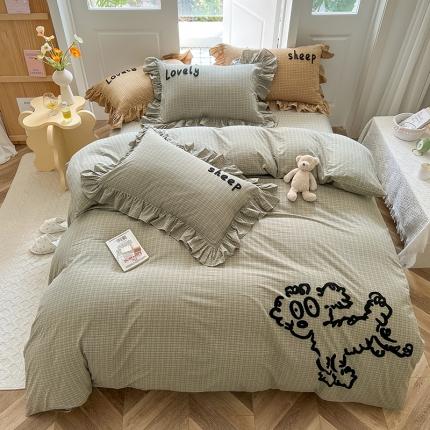 91家纺网 家纺一手货源 找家纺 婳庭 2023新款全棉色织水洗棉四件套米小格