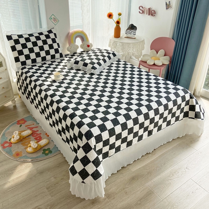 91家纺网 家纺一手货源 找家纺 鑫钰 2023全棉印花床盖三件套 黑白格