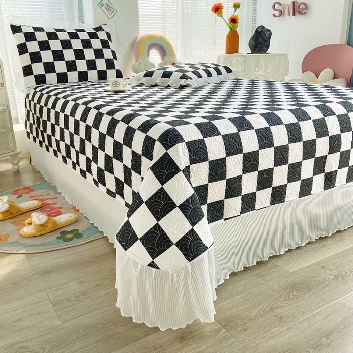 91家纺网 家纺一手货源 找家纺 鑫钰 2023全棉印花床盖三件套 黑白格