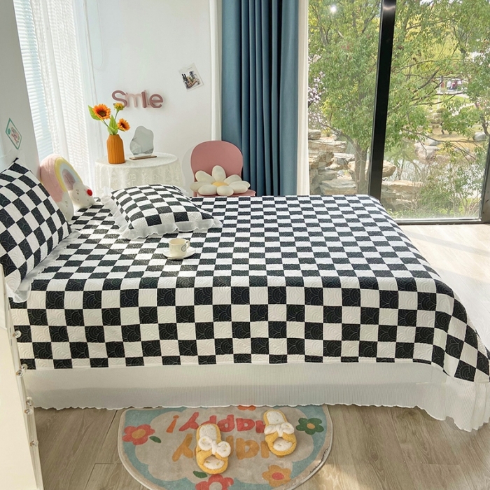 91家纺网 家纺一手货源 找家纺 鑫钰 2023全棉印花床盖三件套 黑白格