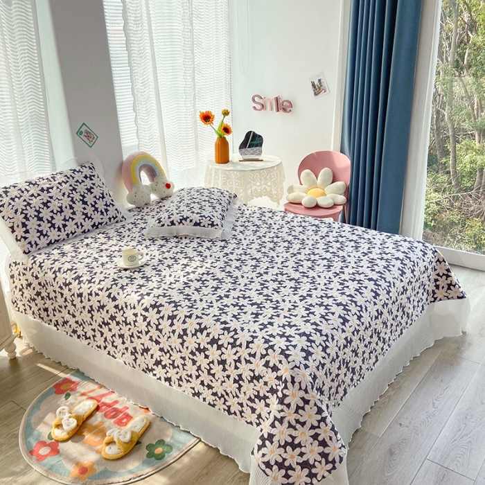 91家纺网 家纺一手货源 找家纺 鑫钰 2023全棉印花床盖三件套 蓝馨