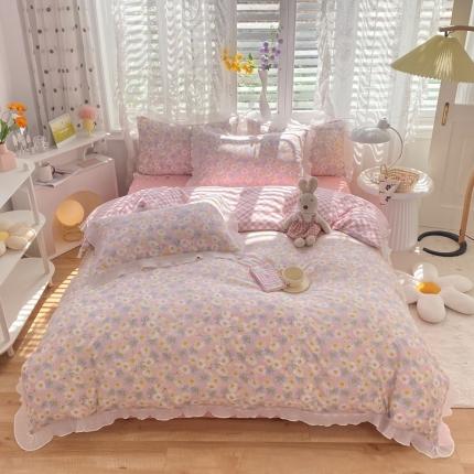 91家纺网 家纺一手货源 找家纺 总大米家居24新款双面用磨毛水洗棉小雏菊雪纺花边海岛棉四件套