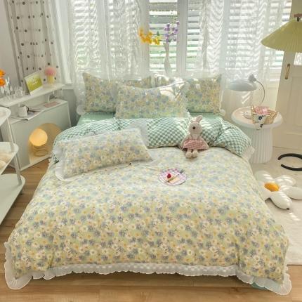 91家纺网 家纺一手货源 找家纺 总大米家居24新款双面用磨毛水洗棉小雏菊雪纺花边海岛棉四件套