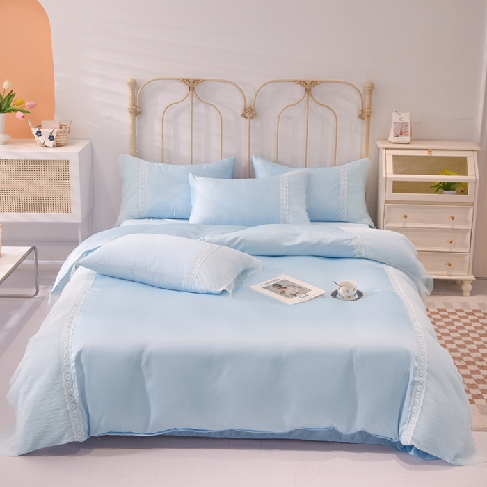 91家纺网 家纺一手货源 找家纺 花香四季 2023新款水洗真丝四件套-甜心 清新蓝